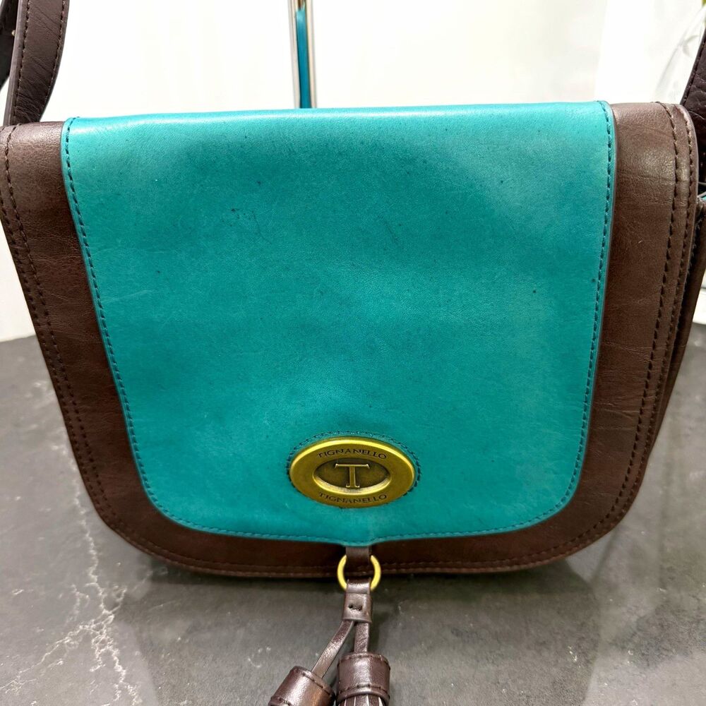 Vintage Tignanello Teal & Brown Leather Crossbody Bag Tassel Purse Y2K